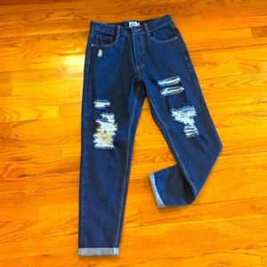 Dark Blue, High-Wasted Distressed Jeans from ASOS
